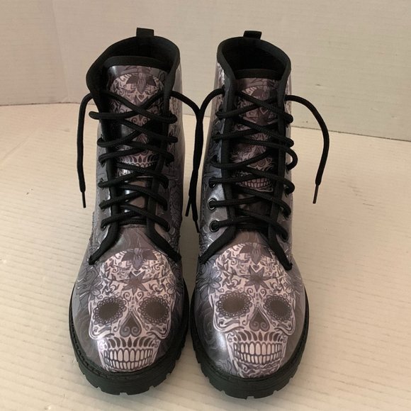 Womens Skull Flower Print  Ankle Boots Lace-Up Size 7.5 - Picture 1 of 10
